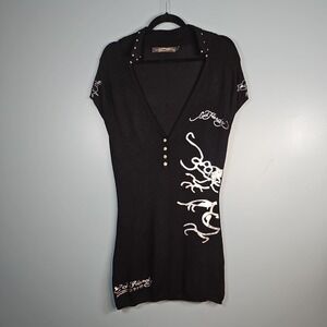 Y2K Women's Ed Hardy By Christian Audigier Dragon Black Sweater Dress Size L